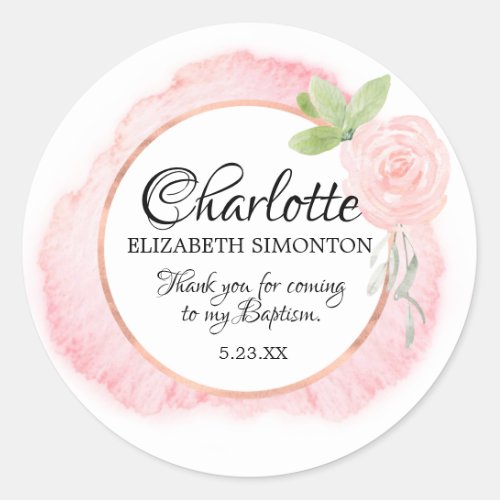 Pink Watercolor Rose Personalized Baptism Classic Round Sticker