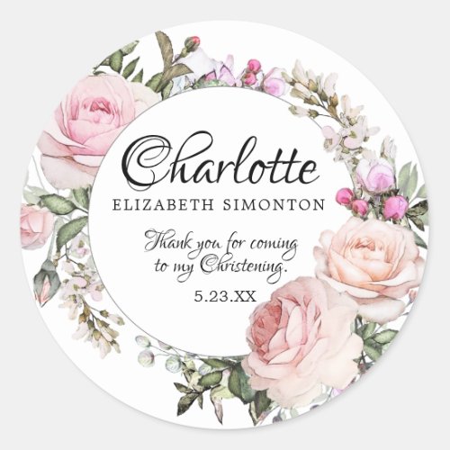Pink Watercolor Rose Personalized Christening Classic Round Sticker