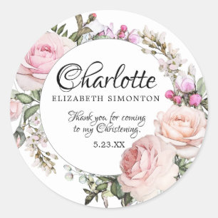 Pink Watercolor Rose Personalized Christening Classic Round Sticker
