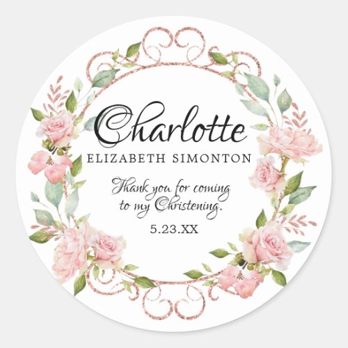 Pink Watercolor Rose Personalized Christening Classic Round Sticker