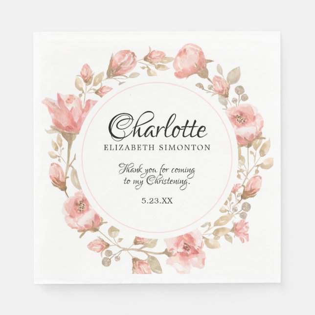 Pink Watercolor Rose Personalized Christening Napkins (Front)