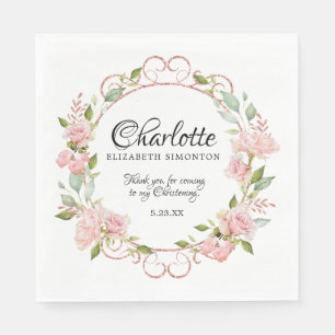 Pink Watercolor Rose Personalized Christening Napkins