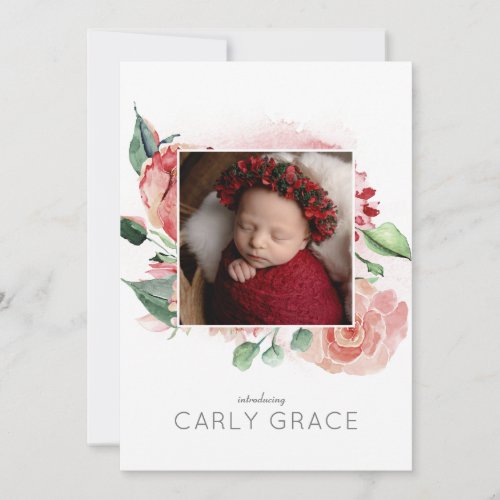 Pink Watercolor Rose Photo Collage Baby Girl Birth Announcement