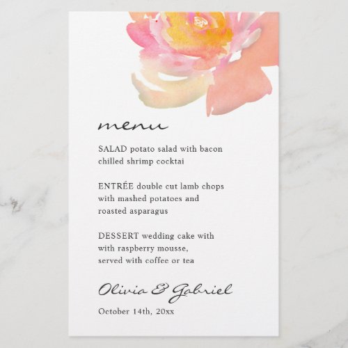 Pink watercolor rose Stylish modern wedding menu