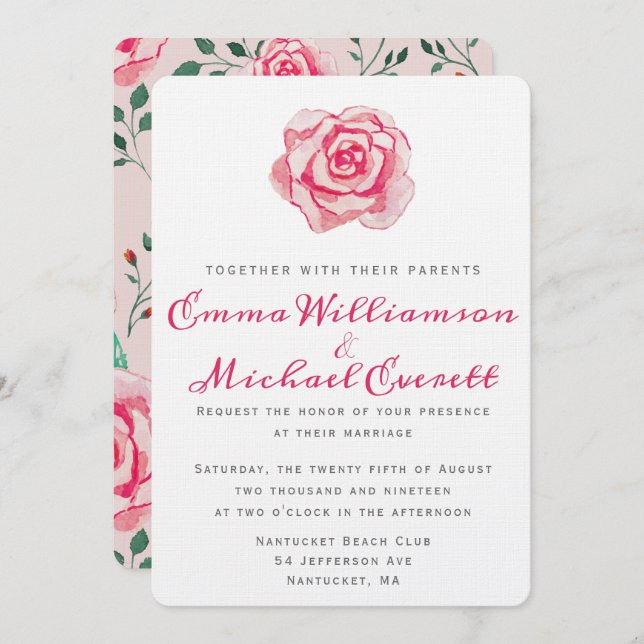 Pink Watercolor Rose | Wedding Invitation (Front/Back)