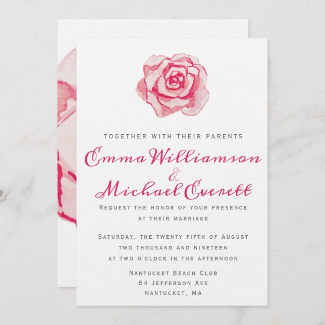 Pink Watercolor Rose | Wedding Invitation (Front/Back)