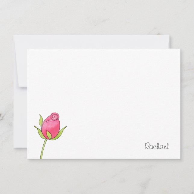 Pink Watercolor Rosebud Note Card (Front)
