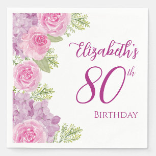Pink Watercolor Roses 80th Birthday Coaster Napkins
