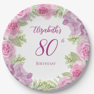 Pink Watercolor Roses 80th Birthday Paper Plates