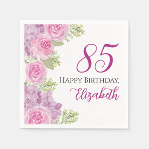 Pink Watercolor Roses 85th Birthday Paper Napkins