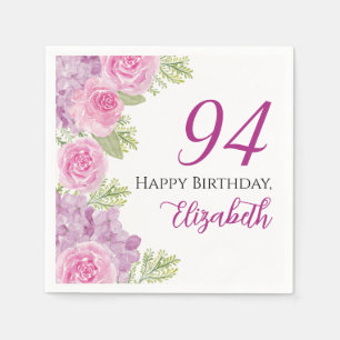 Pink Watercolor Roses 94th Birthday Paper Napkins