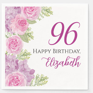 Pink Watercolor Roses 96th Birthday Paper Napkins