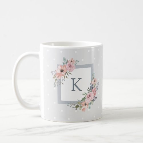 Pink Watercolor Roses and Gray Dots  Monogram Coffee Mug