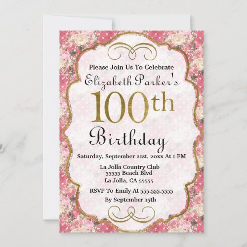 Pink Watercolor Roses and Hearts 100th Birthday  Invitation