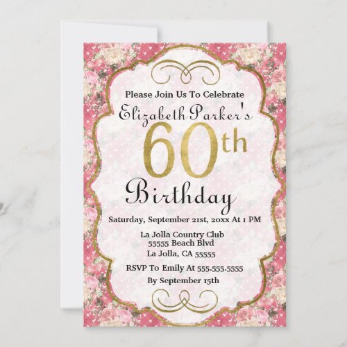 Pink Watercolor Roses and Hearts 60th Birthday Invitation