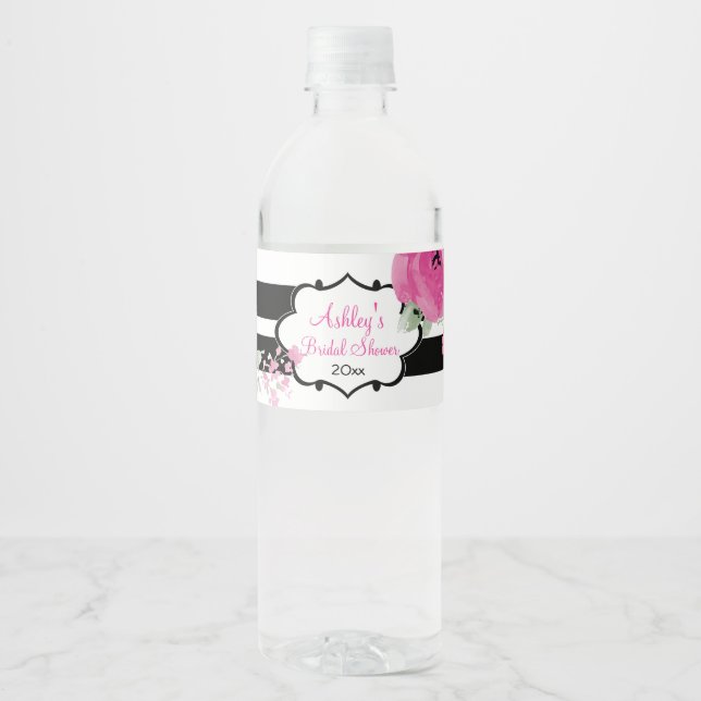 Pink Watercolor Roses and Stripes Water Bottle Label (Front)