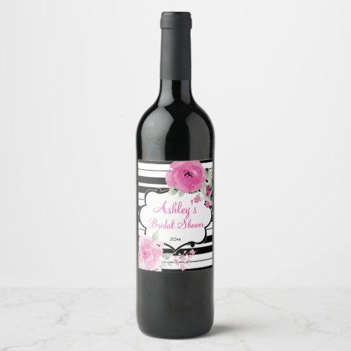 Pink Watercolor Roses and Stripes Wine Label