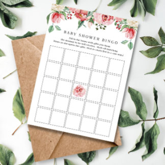 Pink Watercolor Roses Baby Shower Bingo Game Card
