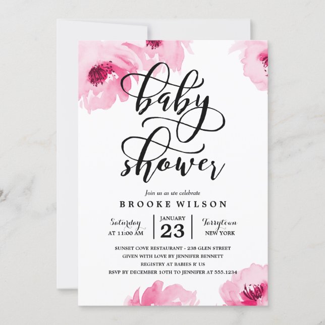Pink Watercolor Roses Baby Shower Invitation (Front)