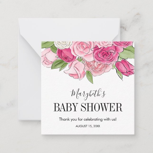 Pink Watercolor Roses Baby Shower Note Card (Front)
