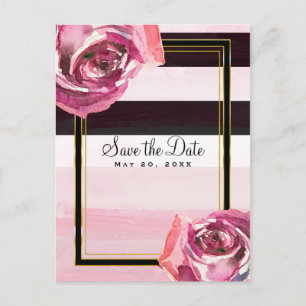 Pink Watercolor Roses Black White Save the Date Announcement Postcard