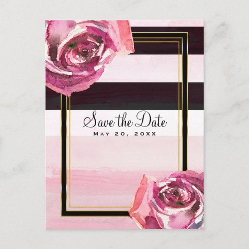 Pink Watercolor Roses Black White Save the Date Announcement Postcard