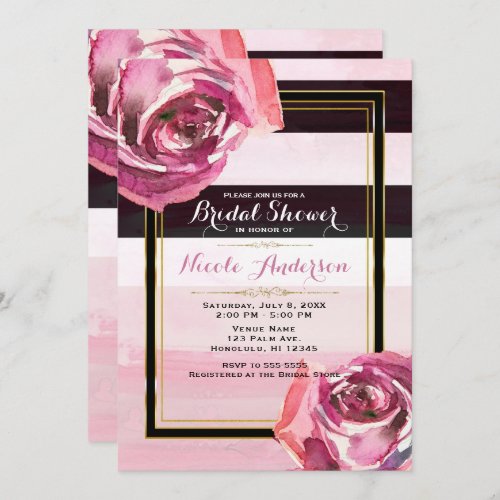 Pink Watercolor Roses Black White Stripe Modern Invitation