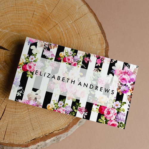 Pink watercolor roses black white stripes business card