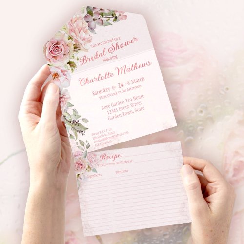 Pink Watercolor Roses Bridal Shower All In One Invitation