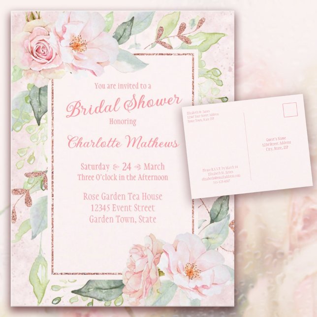 Pink Watercolor Roses Bridal Shower Invitation (Pink Watercolor Roses Bridal Shower Post Card Invitation R.S.V.P. information on back. )