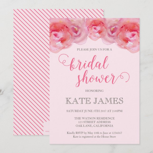 Pink Watercolor Roses Bridal Shower Invitation (Front/Back)