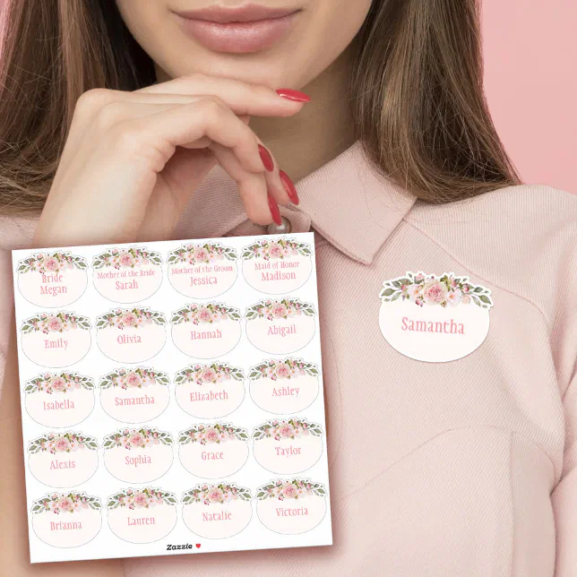 Pink Watercolor Roses Bridal Shower Name Tag Sticker | Zazzle