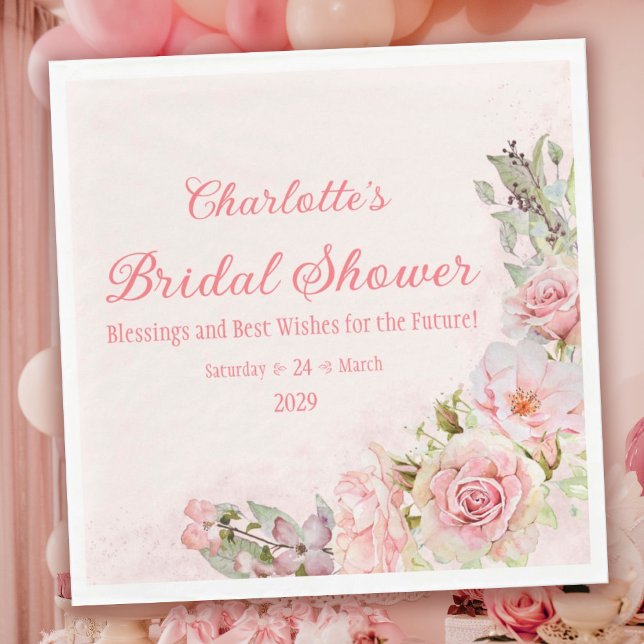 Pink Watercolor Roses Bridal Shower  Napkins (Pink Watercolor Roses Bridal Shower Napkins with Blessings, Best Wishes, and the Date)