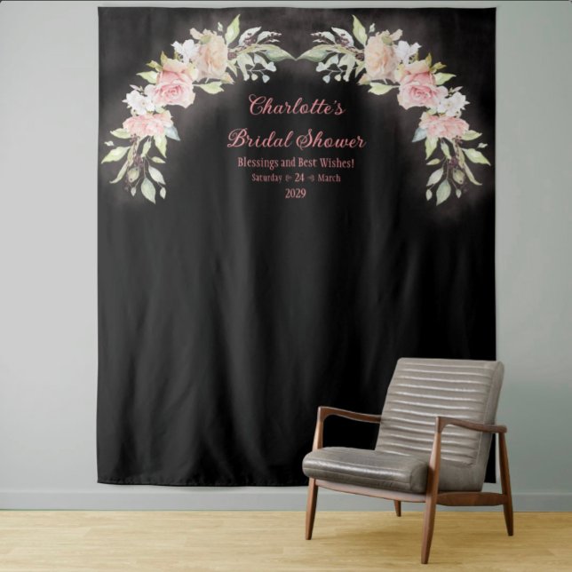 Pink Watercolor Roses Bridal Shower Photo Backdrop (Pink Watercolor Roses Moody Black Bridal Shower Photo Backdrop)