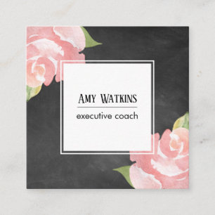 Pink Watercolor Roses Chalkboard Background Square Business Card