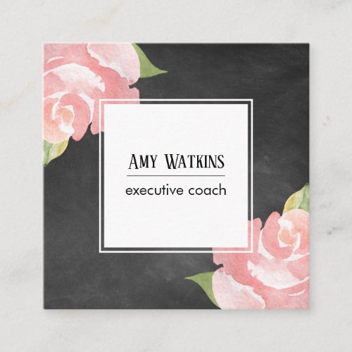 Pink Watercolor Roses Chalkboard Background Square Business Card