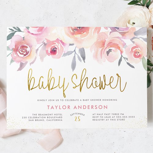 Pink Watercolor Roses Chic Gold Script Baby Shower Invitation Postcard