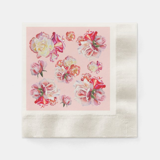 Pink Watercolor Roses Cocktail Napkins (Front)