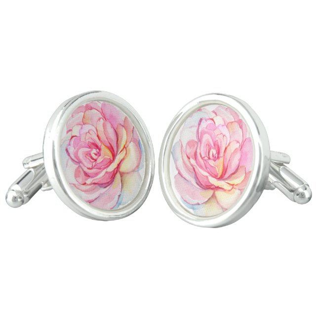 Pink watercolor roses cufflinks (Angled)