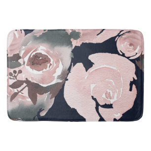 Pink Watercolor Roses Dark Navy Blue Floral Bath Mat