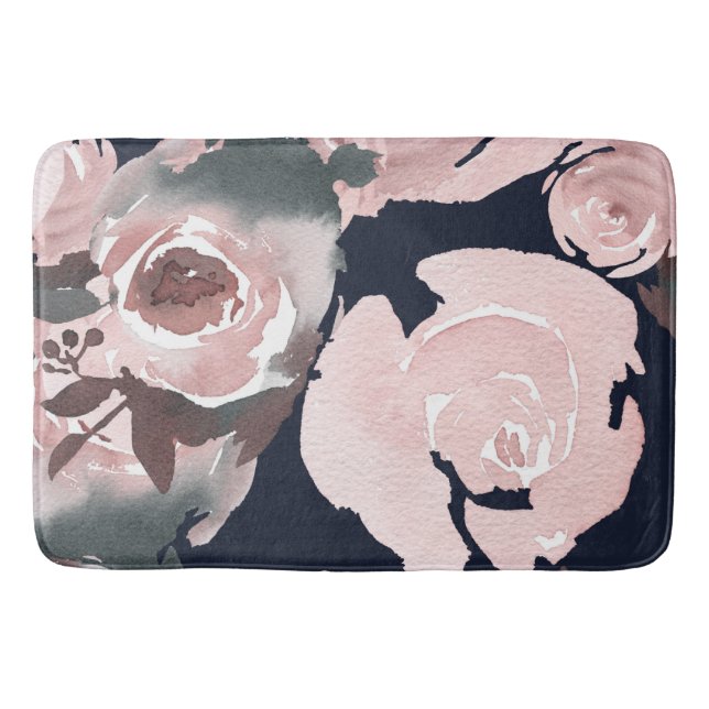 Pink Watercolor Roses Dark Navy Blue Floral Bath Mat (Front)