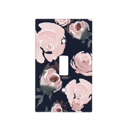 Pink Watercolor Roses Dark Navy Blue Floral Light Switch Cover