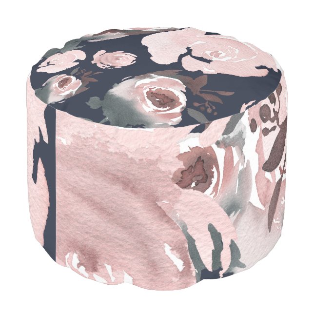Pink Watercolor Roses Dark Navy Blue Floral Pouf (Angled Back)