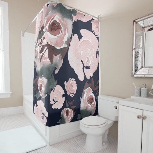 Pink Watercolor Roses Dark Navy Blue Floral Shower Curtain