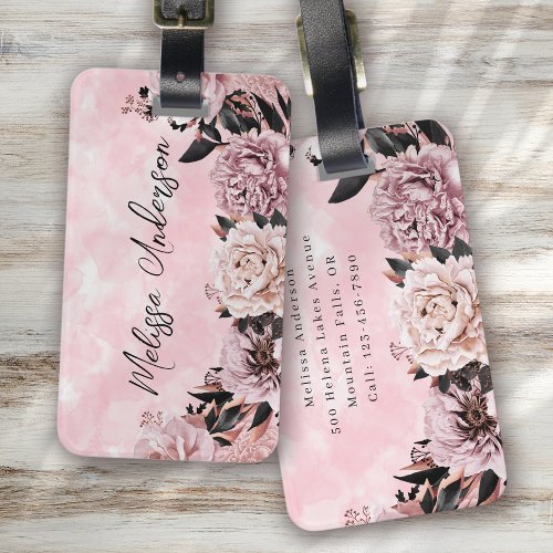 Pink Watercolor Roses Floral Luggage Tag