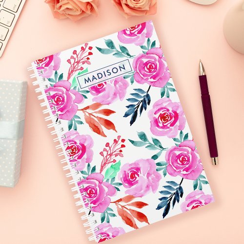 Custom Planners 13 Pink Watercolor Roses Floral Pattern Planner