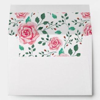 Pink Watercolor Roses & Foliage Pattern | Wedding Envelope