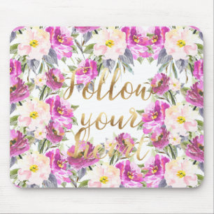 Pink Watercolor Roses Follow Your Heart Mouse Pad