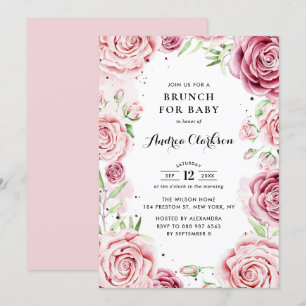 Pink Watercolor Roses Frame Baby Shower Brunch Invitation