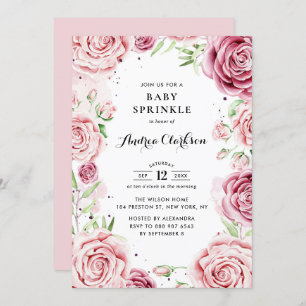 Pink Watercolor Roses Frame Baby Sprinkle Shower Invitation